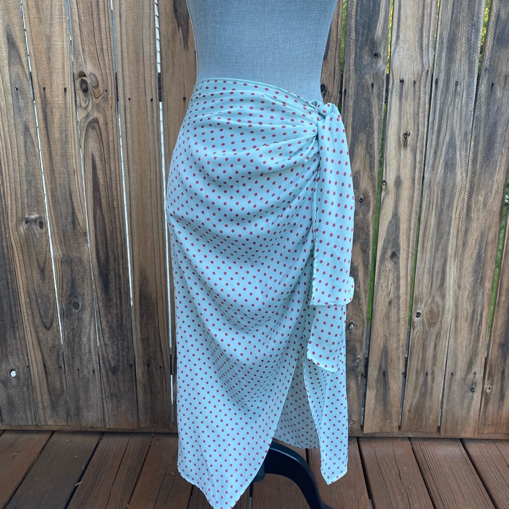 Zara mint green red polka dot asymmetrical detail midi skirt size medium